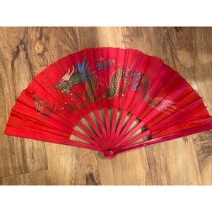Vintage Wooden Japanese Dragon Red Large 24" Hand Held Folding Fan